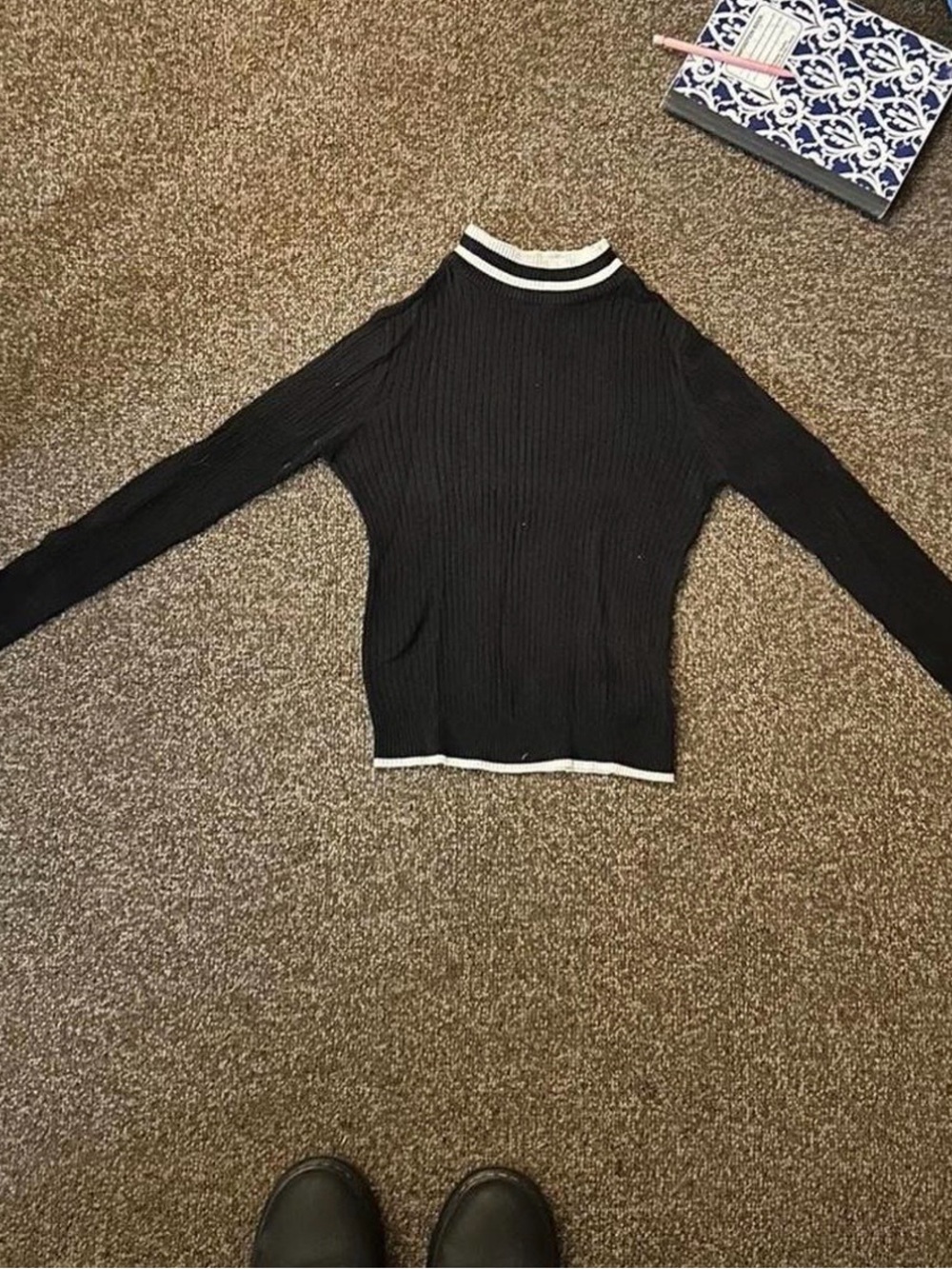Aeropostale Black Ribbed Cold-Shoulder Sweater with White Trim